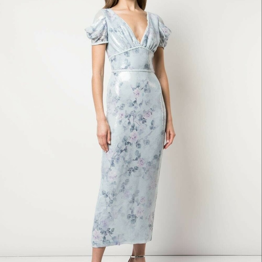 Marchesa Notte Sequin Floral Midi Dress in Blue and Lavender - size 0, NWT